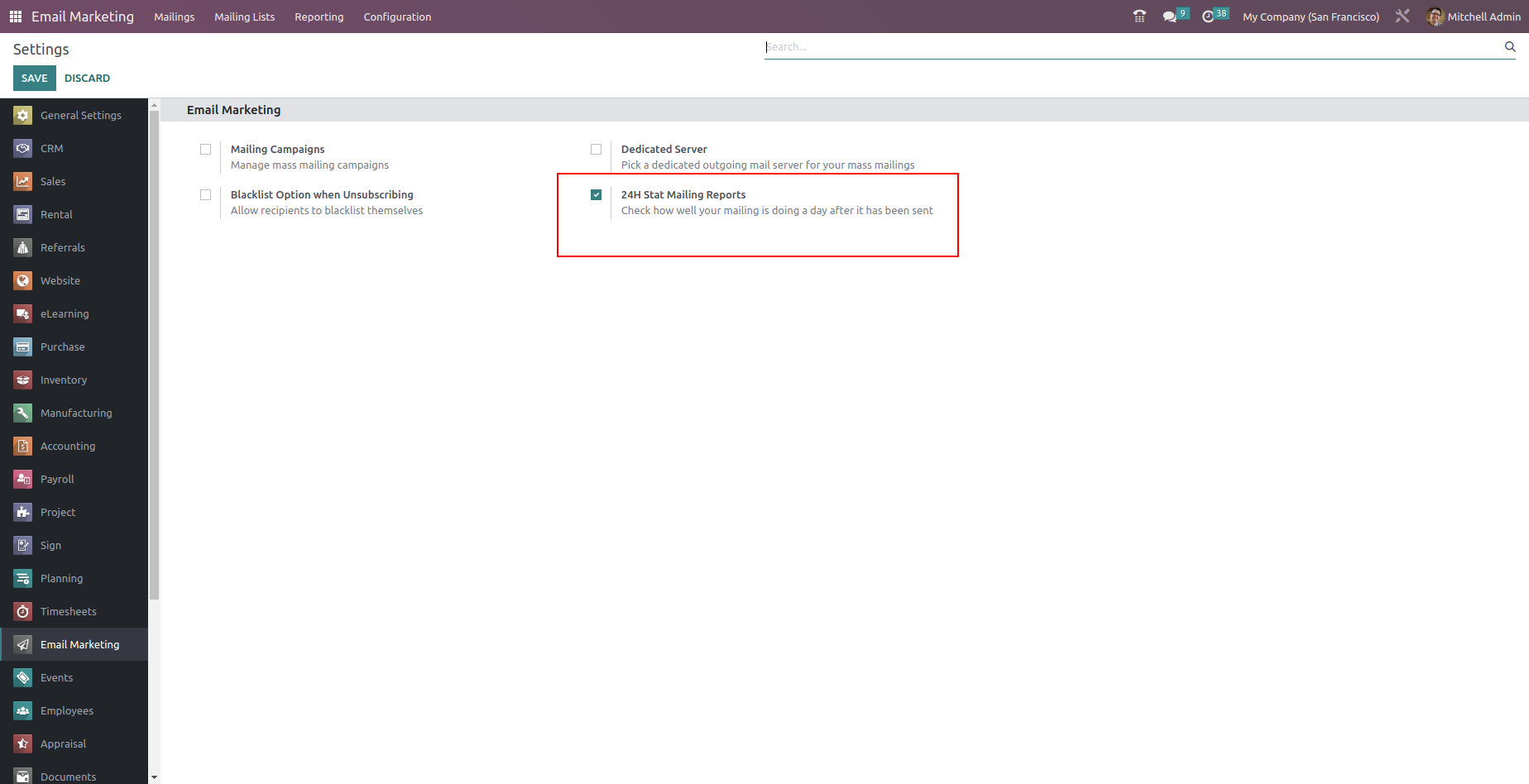 Odoo V16 email marketing report 24 hours reporting