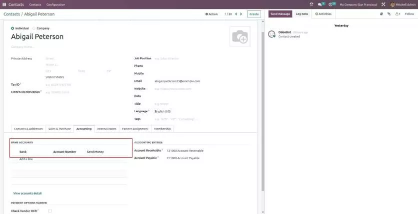 Bank account details section in odoo 16